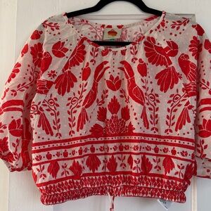 FARM Rio Red and White Bird Print Blouse